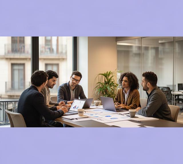 Equipo de una startup tecnológica trabajando con gráficos financieros en un espacio de coworking de Barcelona