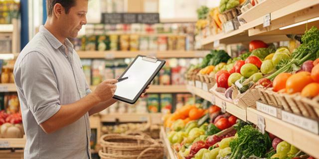 Responsable de tienda de alimentación revisando existencias en un comercio de barrio