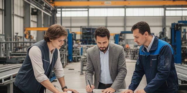 Equipo directivo revisando planos de fabricación en una planta industrial del Vallés