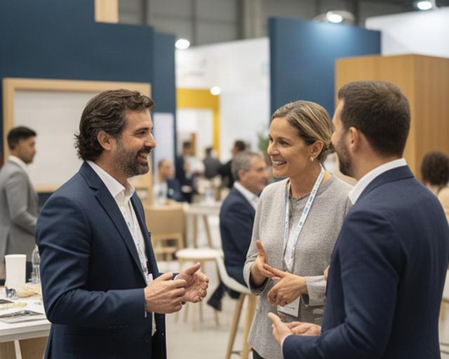 Consultores conversando con empresarios en una feria empresarial del Vallés Oriental
